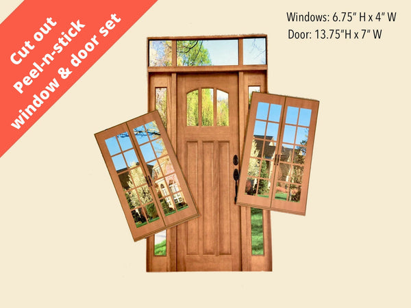 STICKER SETS - 1:6 Scale Oak Colored Door with Sidelights and Windows Set for 11.5" Tall Dolls Diorama Wall Decor Doll Room Box Decor