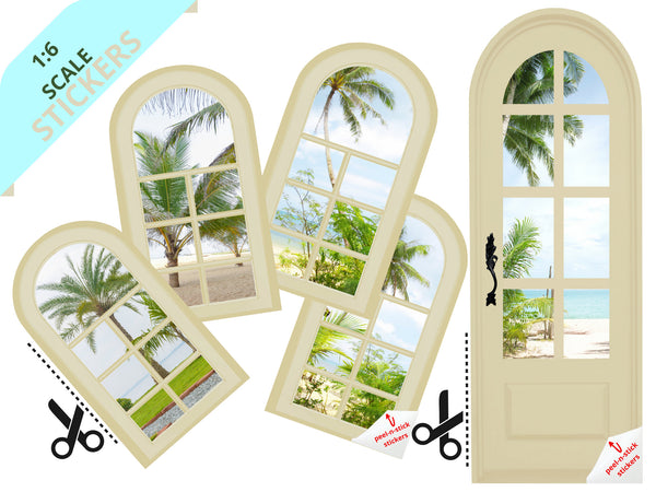 STICKERS 1:6 Scale 4 Buttercream Arched Windows and Door STICKER SET for 11.5" Tall Dolls Diorama Wall Decor Doll Room Box Decor