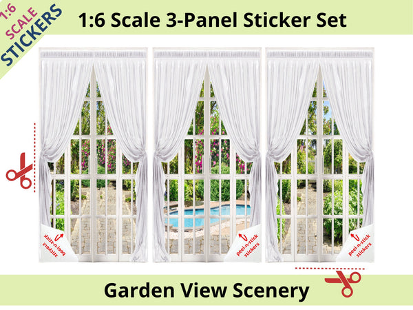 STICKERS 1:6 Scale 3 Panel Garden Patio Door STICKER SET for 11.5" Sized Doll Diorama Wall Decor Doll Room Box Decor