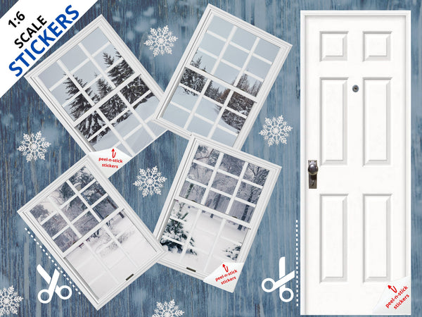 STICKERS 1:6 Scale Snowy Days Set 2 Four White Windows and Door STICKER SET for 11.5" Tall Dolls Diorama Wall Decor Doll Room Box Decor