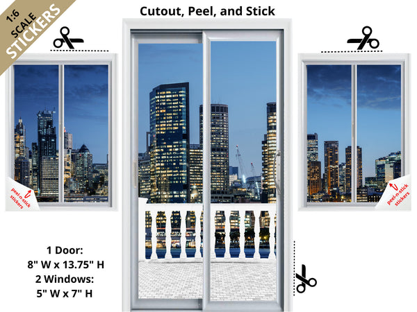 Dollhouse STICKERS 1:6 Scale Sliding Glass Door and Windows City Views