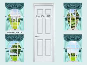 FREE 1:6 Scale Printable Download Dollhouse Windows with Teal Green Curtains and White Door