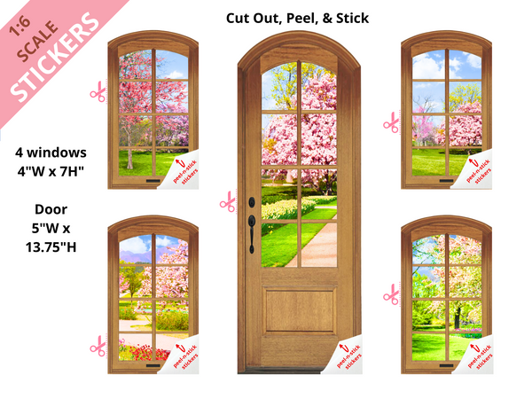 STICKER SETS - 1:6 Scale Oak Colored Arched Windows and Doors (Spring View) for 11.5" Tall Dolls Diorama Wall Decor Doll Room Box Decor