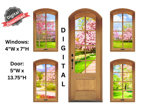 DIGITAL DOWNLOAD 1:6 Scale Oak Colored Arched Door and Windows for 11.5" Tall Dolls Diorama Wall Decor Doll Room Box Decor