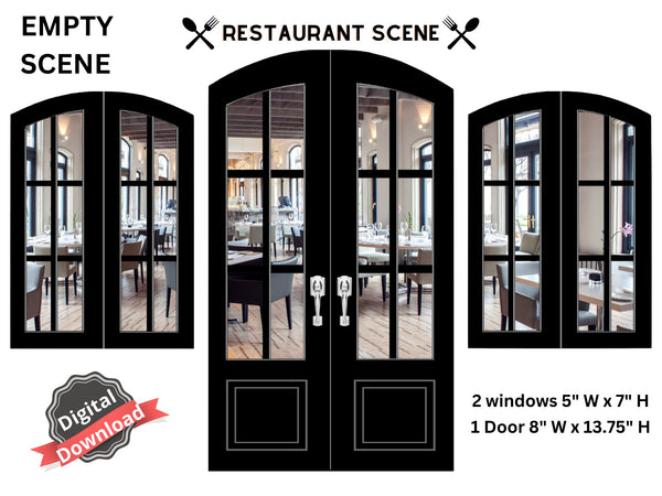 DIGITAL FILES 1:6 Scale Empty Restaurant Scene Windows and Door for 11.5 to 12 inch Fashion Doll Diorama Wall Decor Doll Room Box Decor