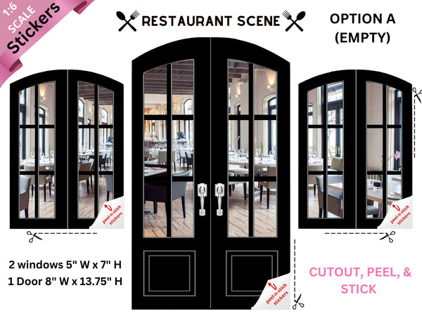 STICKERS 1:6 Scale Restaurant Windows and Door Black STICKER SET for 11.5 to 12" Sized Doll Diorama Wall Decor Doll Room Box Decor