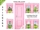 STICKERS 1:6 Scale 6 Pink Curtained Windows and Door STICKER SET for 11.5" to 12" Sized Dolls Diorama Wall Decor Doll Room Box Decor