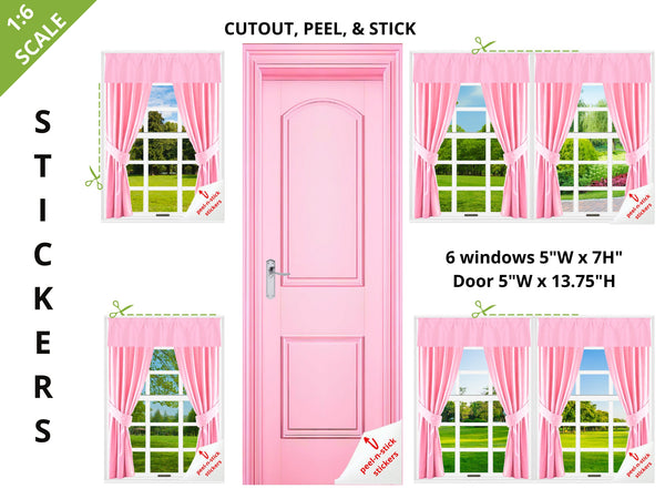 STICKERS 1:6 Scale 6 Pink Curtained Windows and Door STICKER SET for 11.5" to 12" Sized Dolls Diorama Wall Decor Doll Room Box Decor