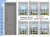 1:6 Scale STICKERS  Gray Curtains City Overlook 6 Windows and Door STICKER SET for 11.5" Size Doll Diorama Wall Decor Doll Room Box Decor