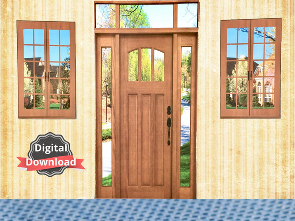 DIGITAL DOWNLOAD 1:6 Scale Oak Colored Door and Windows for 11.5" Tall Dolls Diorama Wall Decor Doll Room Box Decor