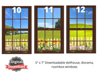 brown dollhouse windows with flower garden views