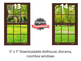 brown dollhouse windows with trees and green grass views
