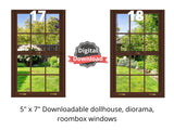 brown dollhouse windows with backyard views
