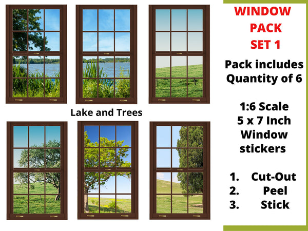 BROWN window STICKER SETS - 1:6 Scale Brown Window Sets for 11.5" Dolls Diorama Room Box Decor