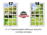 white dollhouse windows with backyard landscaping by onlinedollstore.com