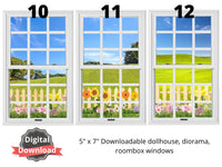 white dollhouse windows with flower garden view and blue skies by onlinedollstore.com