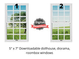 white dollhouse windows tree and green grass views