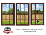 brown dollhouse windows with backyard fence view