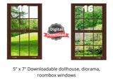 brown dollhouse windows with trees, green grass, and backyard fence