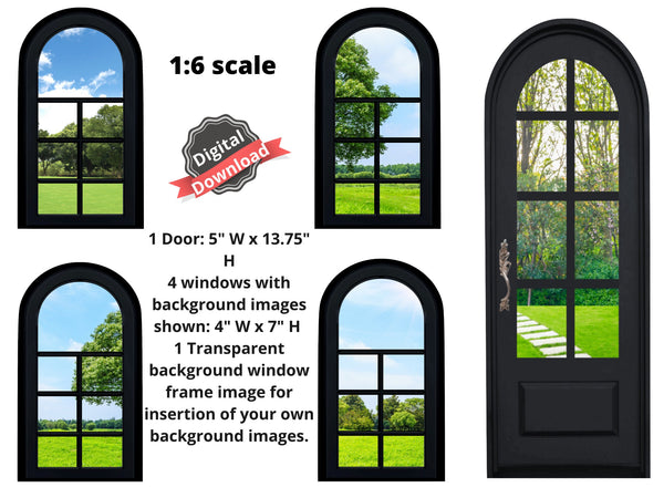 DIGITAL DOWNLOAD 1:6 Scale 4 Black Arched Windows and a Door for 11.5" Sized Doll Diorama Wall Decor Doll Room Box Decor