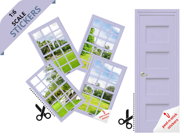 STICKERS 1:6 Scale 4 Lavender Windows and Door STICKER SET for 11.5" Tall Doll Diorama Wall Decor Doll Room Box Decor