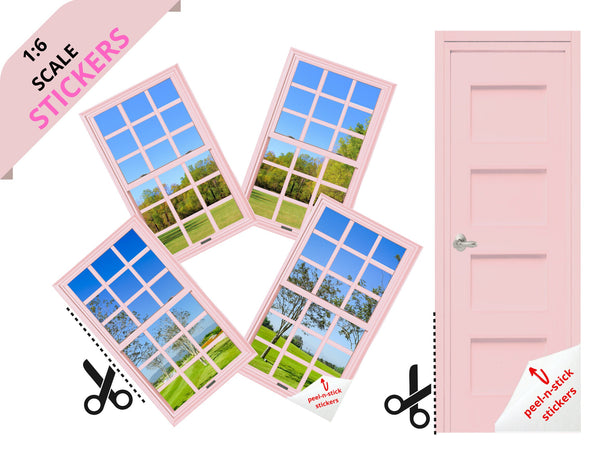 STICKERS 1:6 Scale 4 Pink Windows and Door STICKER SET for 11.5" Tall Dolls Diorama Wall Decor Doll Room Box Decor