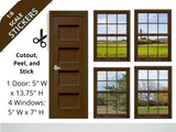 STICKERS 1:6 Scale 4 Dark Brown Windows and Door STICKER SET for 11.5" Tall Dolls Diorama Wall Decor Doll Room Box Decor