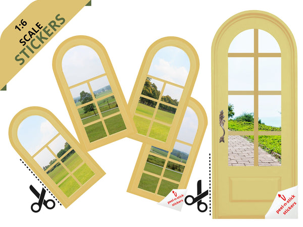STICKERS 1:6 Scale 4 Mustard Gold Arched Windows and Door STICKER SET for 11.5" Tall Dolls Diorama Wall Decor Doll Room Box Decor