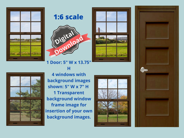 DIGITAL DOWNLOAD 1:6 Scale 4 Dark Brown Windows and a Door for 11.5" Tall Dolls Diorama Wall Decor Doll Room Box Decor