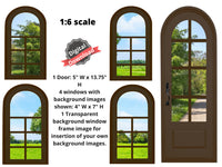DIGITAL DOWNLOAD 1:6 Scale 4 Dark Brown Arched Windows and a Door for 11.5" Tall Dolls Diorama Wall Decor Doll Room Box Decor