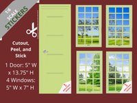 STICKERS 1:6 Scale 4 Lime Green Windows and Door STICKER SET for 11.5" Tall Doll Diorama Wall Decor Doll Room Box Decor