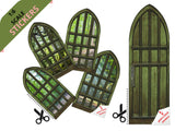 STICKERS 1:6 Scale Four Gothic Windows and Door STICKER SET for 11.5" Tall Dolls Diorama Wall Decor Doll Room Box Decor