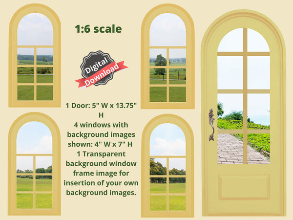 DIGITAL DOWNLOAD 1:6 Scale Four Mustard Gold Arched Windows and a Door for 11.5" Tall Dolls Diorama Wall Decor Doll Room Box Decor