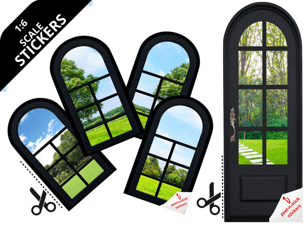 STICKERS 1:6 Scale 4 Black Arched Windows and Door STICKER SET for 11.5" Tall Doll Diorama Wall Decor Doll Room Box Decor