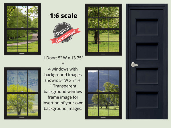 DIGITAL DOWNLOAD 1:6 Scale Four Black Windows and a Door for 11.5" Tall Dolls Diorama Wall Decor Doll Room Box Decor