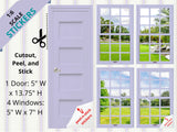 STICKERS 1:6 Scale 4 Lavender Windows and Door STICKER SET for 11.5" Tall Doll Diorama Wall Decor Doll Room Box Decor