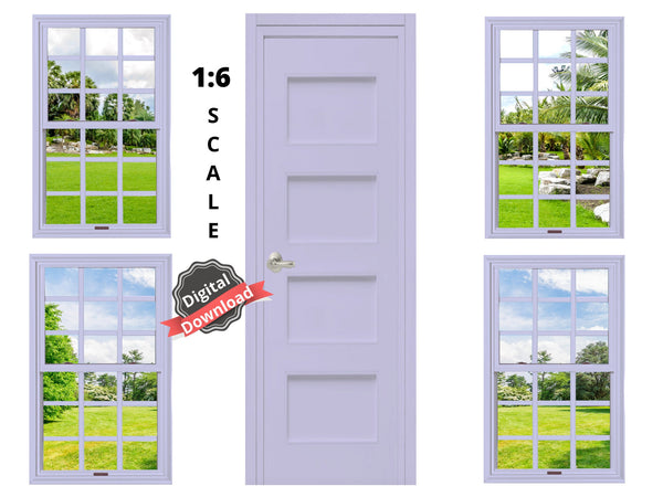 DIGITAL DOWNLOAD 1:6 Scale 4 Lavender Windows and a Door for 11.5" Tall Dolls Diorama Wall Decor Doll Room Box Decor