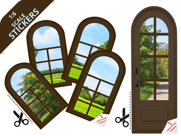 STICKERS 1:6 Scale 4 Arched Dark Brown Windows and Door STICKER SET for 11.5" Tall Dolls Diorama Wall Decor Doll Room Box Decor