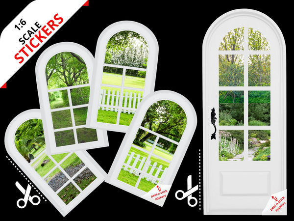 STICKERS 1:6 Scale 4 White Gray Accent Arched Windows and Door STICKER SET for 11.5" Tall Dolls Diorama Wall Decor Doll Room Box Decor