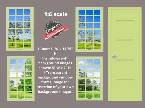DIGITAL DOWNLOAD 1:6 Scale 4 Lime Green Windows and a Door for 11.5" Tall Dolls Diorama Wall Decor Doll Room Box Decor