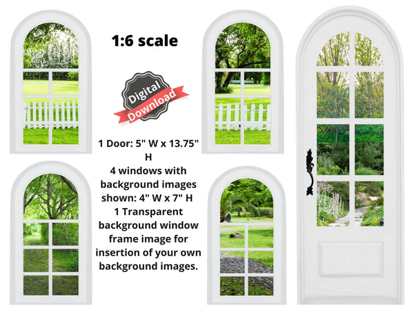Digital Download 1:6 Scale 4 White Gray Accent Arched Windows and Door Set for 11.5" Tall Dolls Diorama Wall Decor Doll Room Box Decor