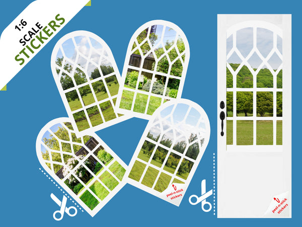STICKERS 1:6 Scale White Intersecting Arched Windows and Door STICKER SET for 11.5" Tall Dolls Diorama Wall Decor Doll Room Box Decor