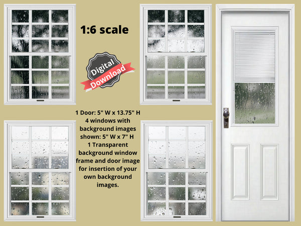 DIGITAL DOWNLOAD 1:6 Scale Rainy Days Set 2 Four White Windows and a Door for 11.5" Tall Dolls Diorama Wall Decor Doll Room Box Decor