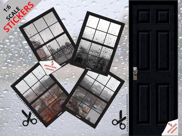 STICKERS 1:6 Scale Rainy Day Set 1 Four Black Windows and Door STICKER SET for 11.5" Tall Dolls Diorama Wall Decor Doll Room Box Decor