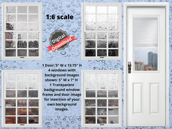 DIGITAL DOWNLOAD 1:6 Scale Rainy Days Set 1 Four White Windows and a Door for 11.5" Tall Dolls Diorama Wall Decor Doll Room Box Decor