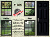 DIGITAL DOWNLOAD 1:6 Scale Rainy Days Set 3 Four Black Windows and a Door for 11.5" Tall Dolls Diorama Wall Decor Doll Room Box Decor