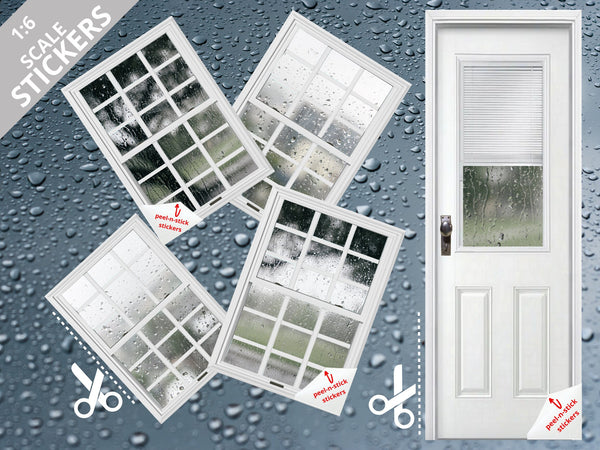 STICKERS 1:6 Scale Rainy Day Set 2 Four White Windows and Door STICKER SET for 11.5" Tall Dolls Diorama Wall Decor Doll Room Box Decor