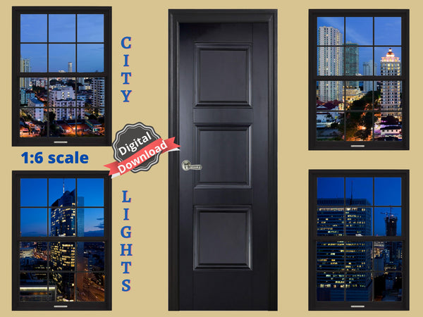 DIGITAL DOWNLOAD 1:6 Scale 4 Black Windows and Door Nighttime City Scenes for 11.5" Tall Dolls Diorama Wall Decor Doll Room Box Decor