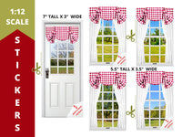 STICKERS 1:12 Scale 4 Windows and Door with Red and White Check Print Curtains for 6 Inch Tall Dolls Diorama Wall Decor Doll Room Box Decor