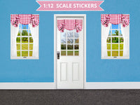 STICKERS 1:12 Scale 4 Windows and Door with Red and White Check Print Curtains for 6 Inch Tall Dolls Diorama Wall Decor Doll Room Box Decor